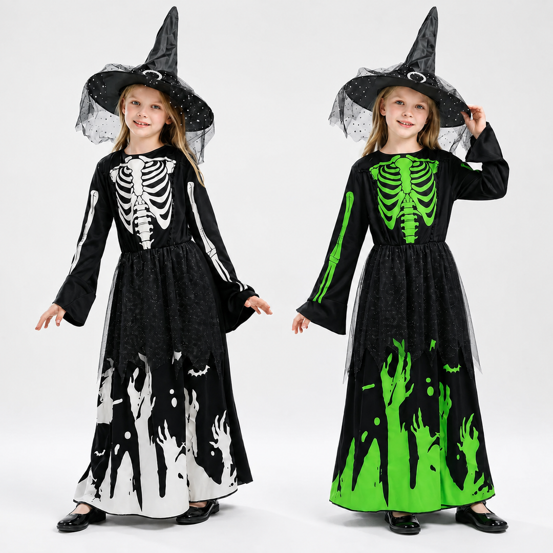 Glow in the Dark Witch Skeleton Dress Halloween Costume for kids