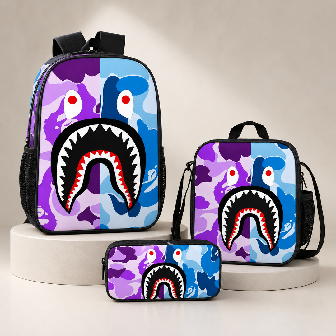 Boys Shark Camo 3-Piece School Backpack Set with Lunch Bag &amp; Pencil Case