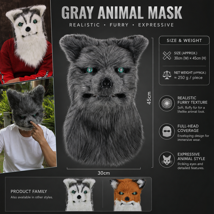 Plush Fox Mouth-Moving Animal Head Mask for Halloween Costume