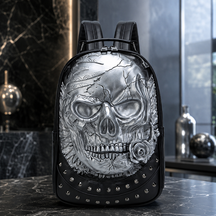 3D Skull Print School Backpack, Trendy PU Bookbag
