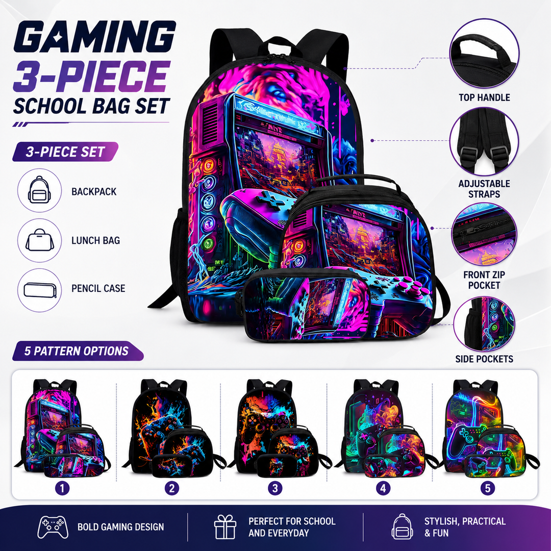 Gamer Unisex 3-Piece School Backpack Set with Crossbody Bag &amp; Pencil Case