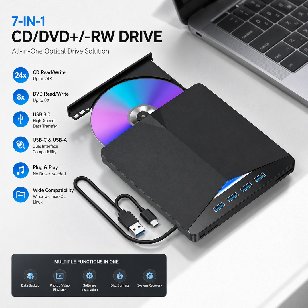 External CD DVD Drive 7 In 1 USB 3.0 Slim Reader Writer Burner with Card Reader