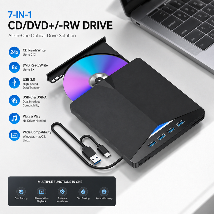 External CD DVD Drive 7 In 1 USB 3.0 Slim Reader Writer Burner with Card Reader