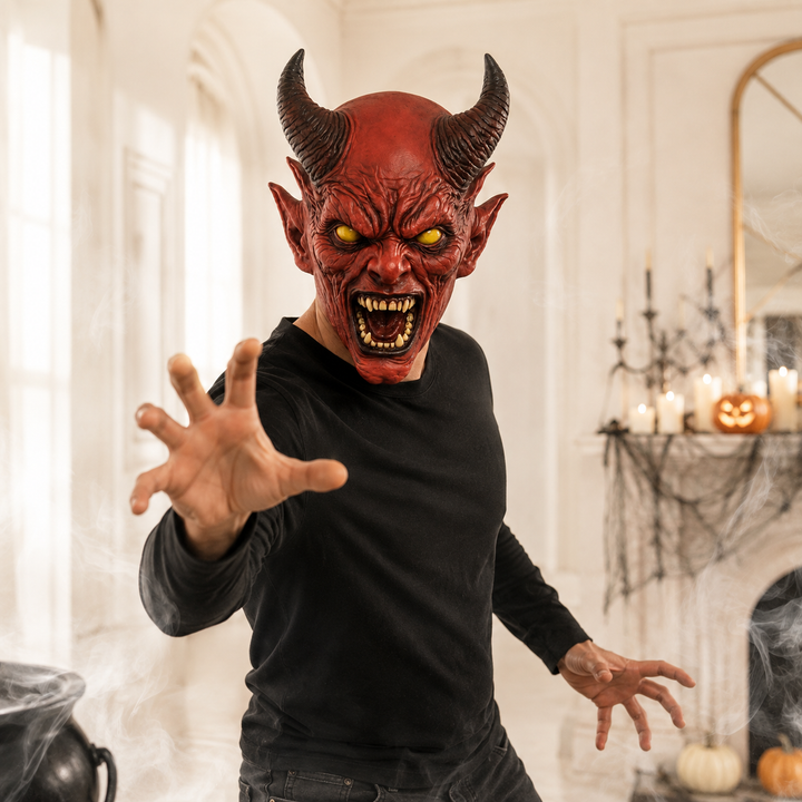 Red Horned Demon Full Head Latex Mask for Halloween