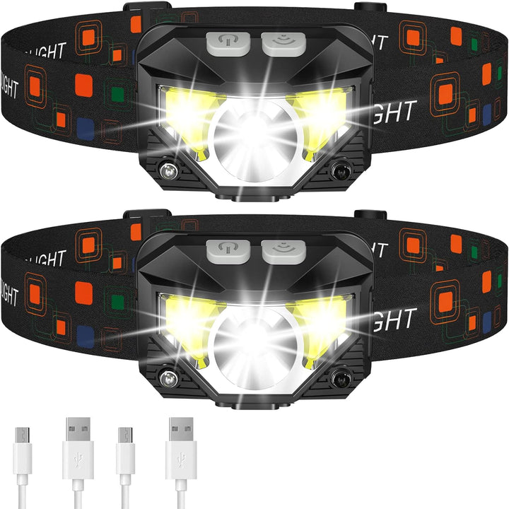 LED Headlamp Flashlight Rechargeable Waterproof Motion Sensor 2-Pack