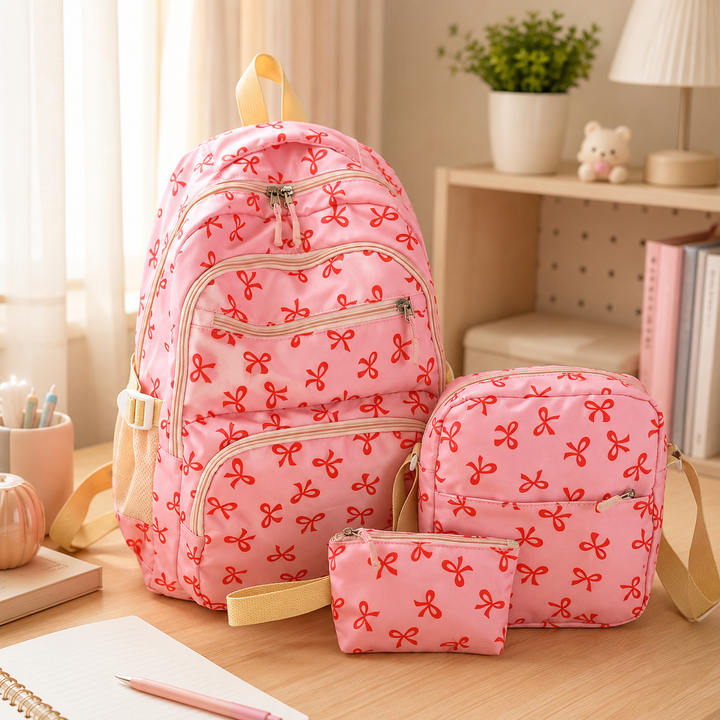 Girls 3-Piece Bow Print School Backpack Set with Crossbody Bag &amp; Pouch