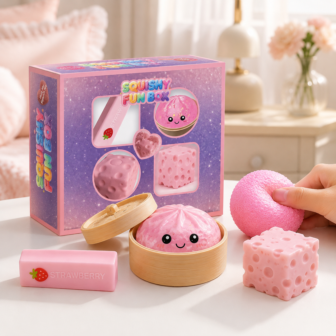 Squishy Fun Box 8-Piece Sensory Toy Set with Food and Animal Shapes