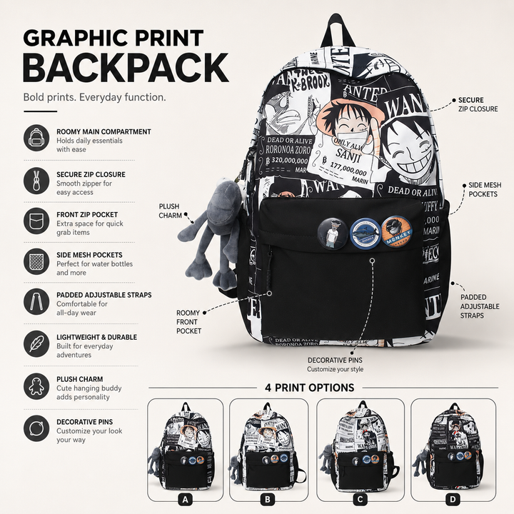 One Piece Boys Large Capacity Anime School Backpack