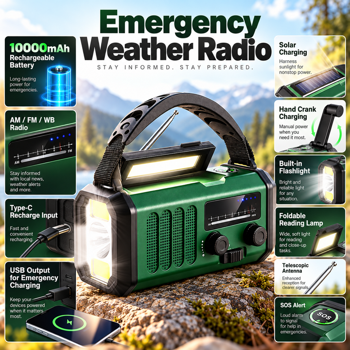 Wind Up Radio 10000mAh 135 Lumen Flashlight Reading Lamp NOAA Solar