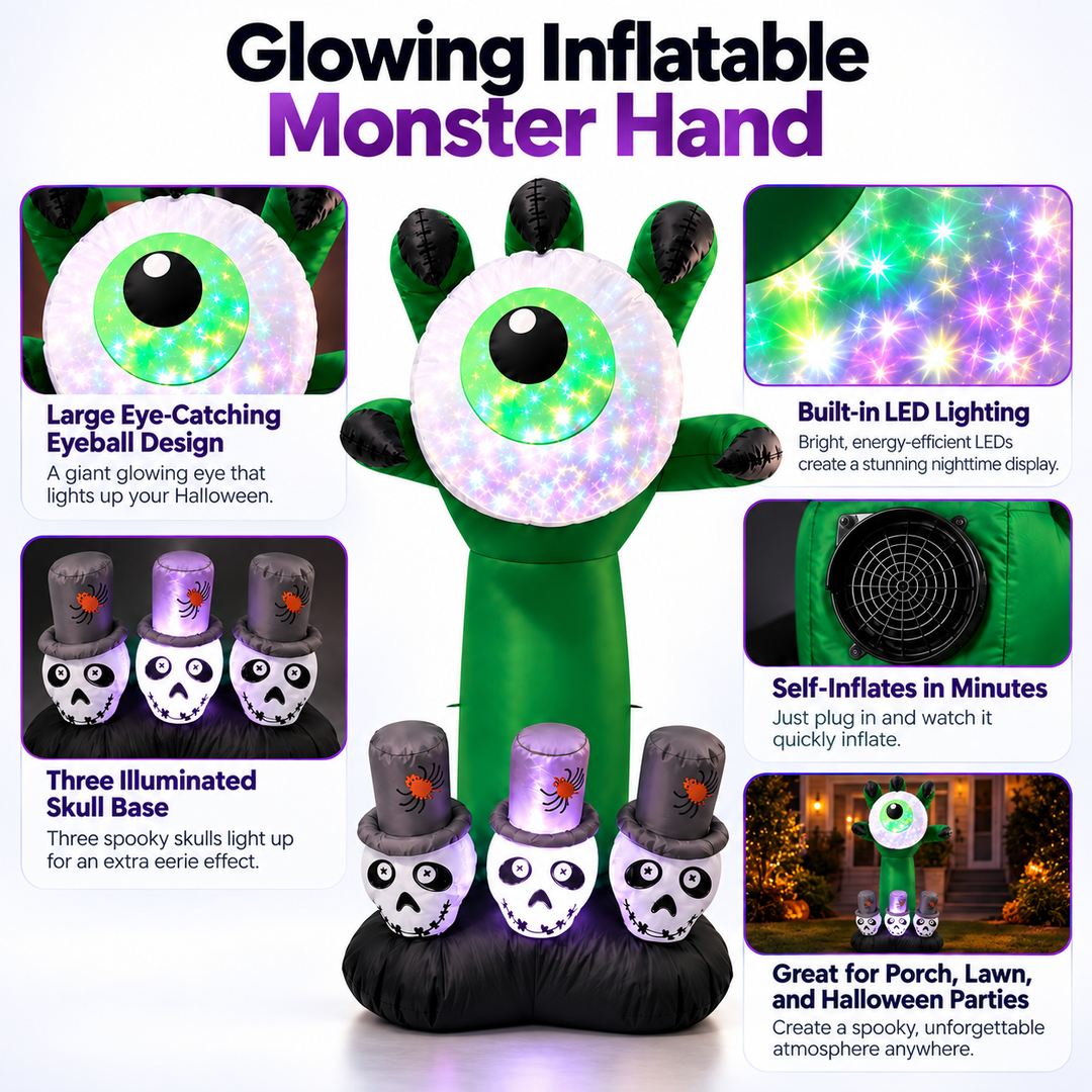Halloween Inflatable Eyeball Monster Hand with Skulls LED Yard Decor