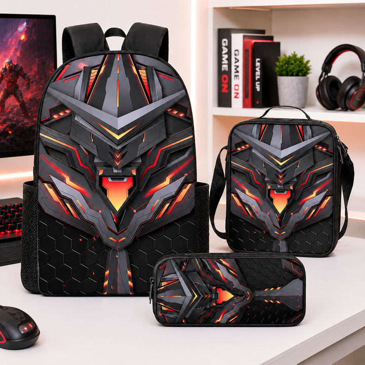 Mechanical Style 3D Print School Backpack 3Pcs Set Student Laptop Crossbody