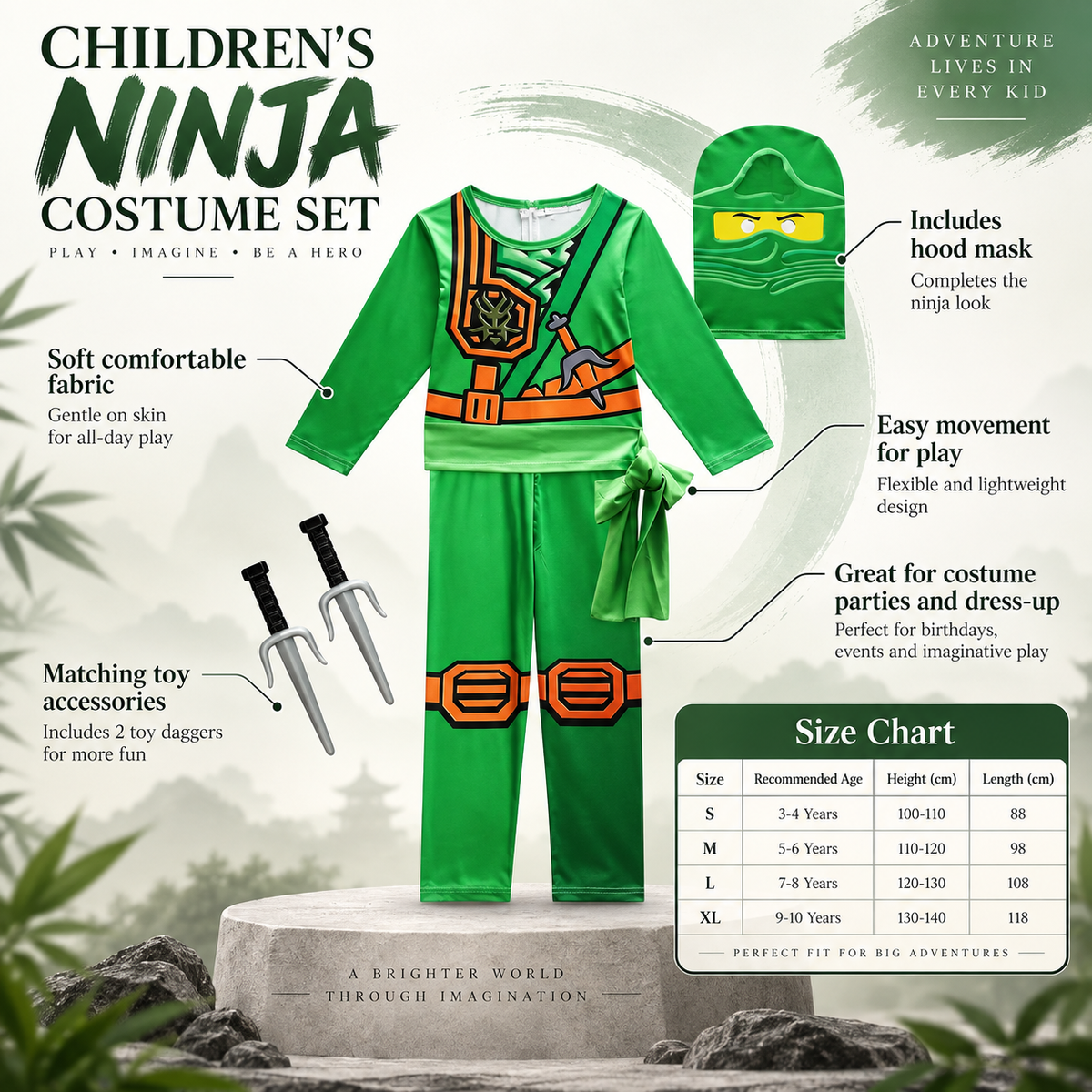 Boys Ninja Warrior Costume with Sai Weapons Halloween Dress Up Set