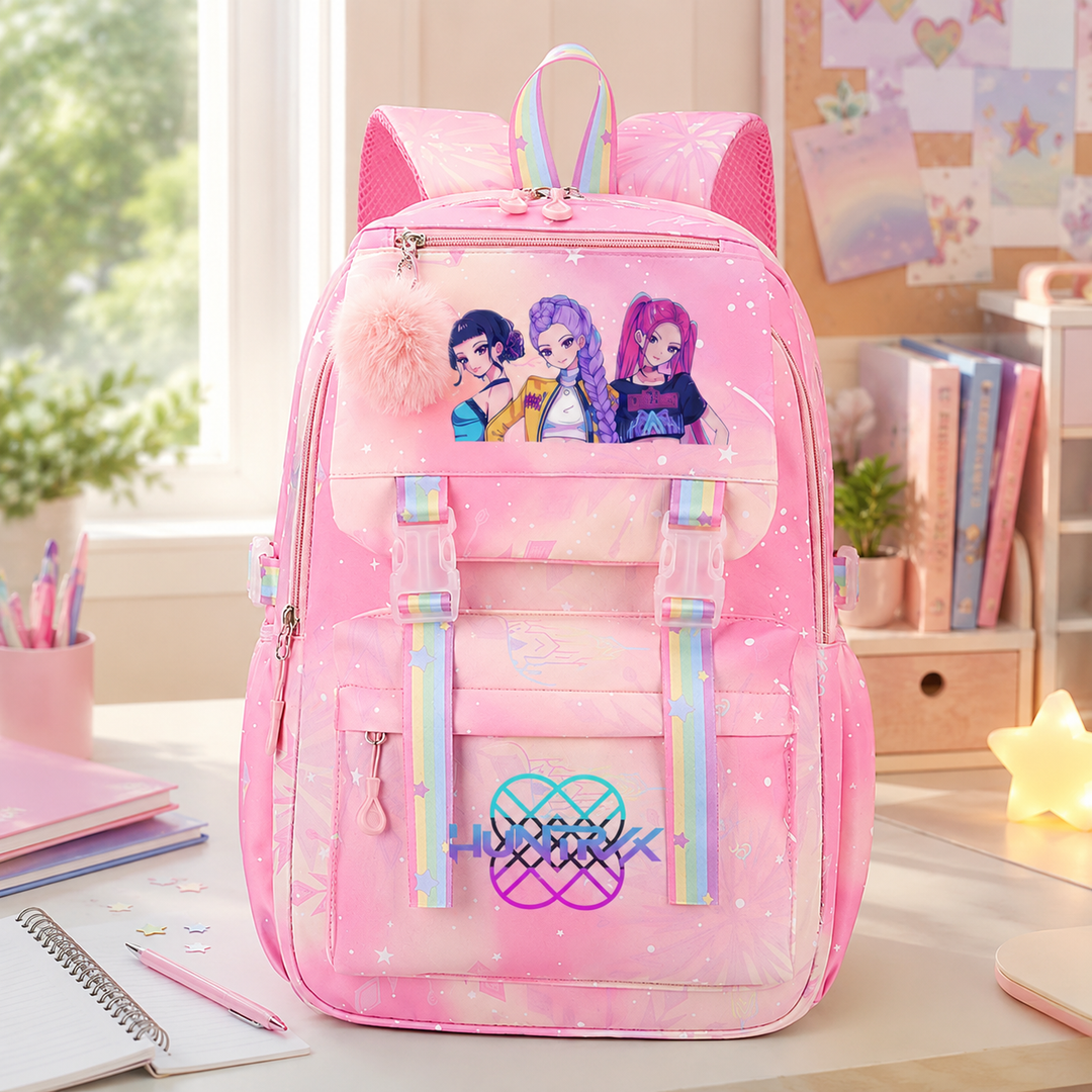 KPop Demon Hunters School Backpack for Girls with Rainbow Straps Large Capacity