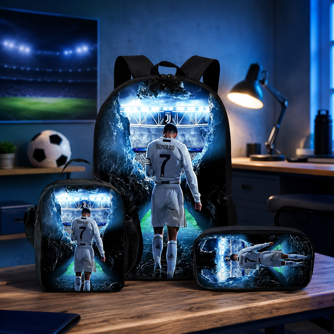 Football Player School Backpack 3Pcs Set Kids Boys Girls 3D Cartoon Gift