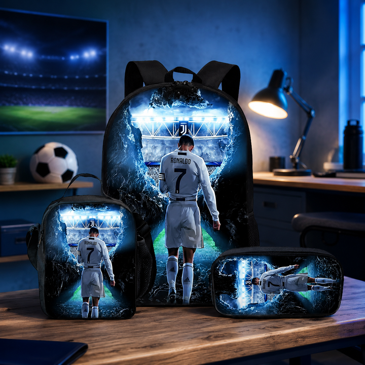 Football Player School Backpack 3Pcs Set Kids Boys Girls 3D Cartoon Gift