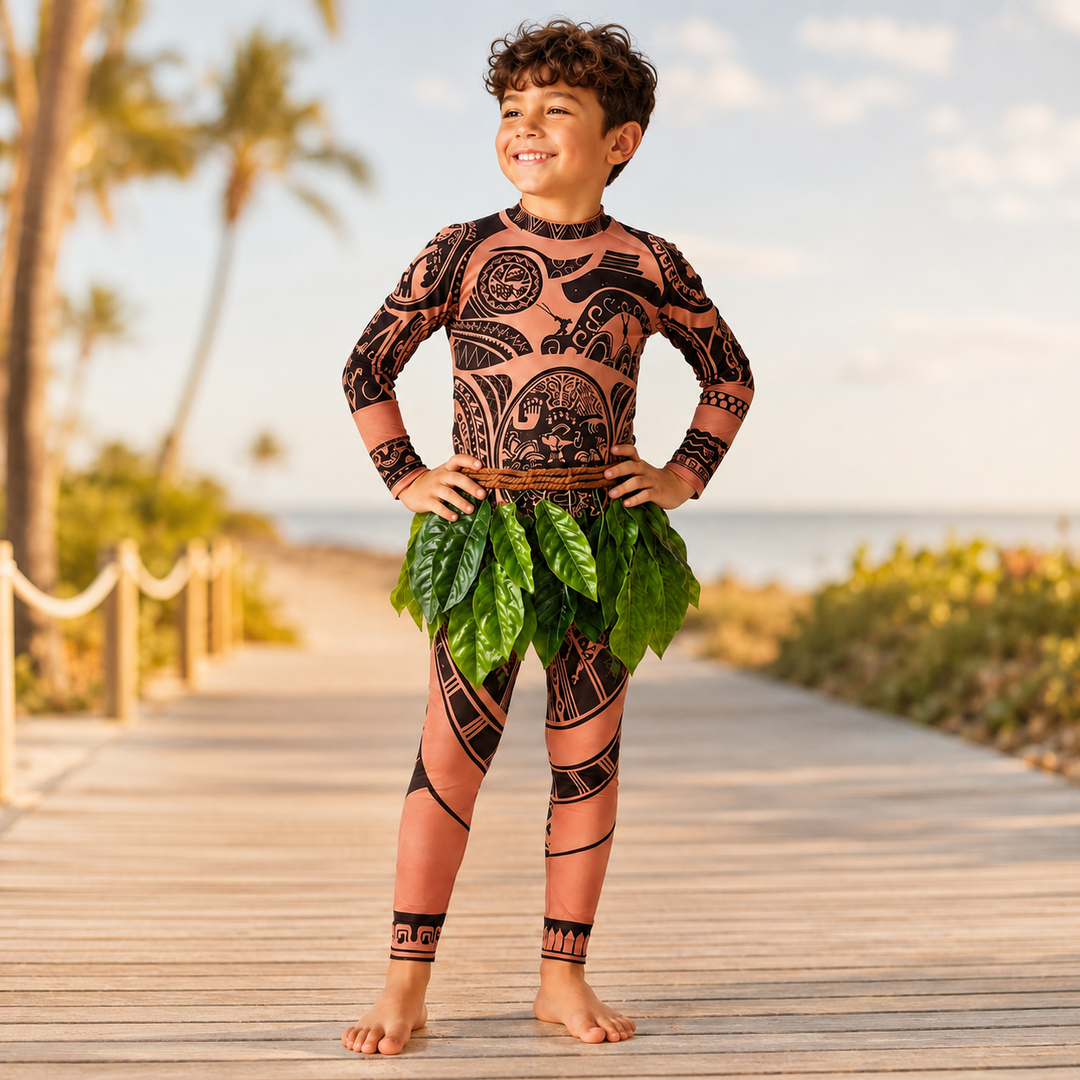 Moana Maui Costume with Tattoo Print and Leaf Skirt Halloween