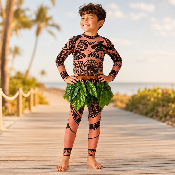 Moana Maui Costume with Tattoo Print and Leaf Skirt Halloween