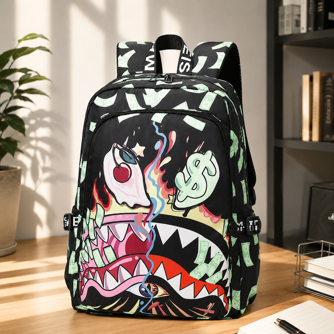 Money Shark Print School Backpack, Large Capacity Travel Bag