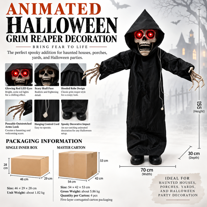 Animated Grim Reaper Halloween Decoration Red LED Eyes Standing Prop