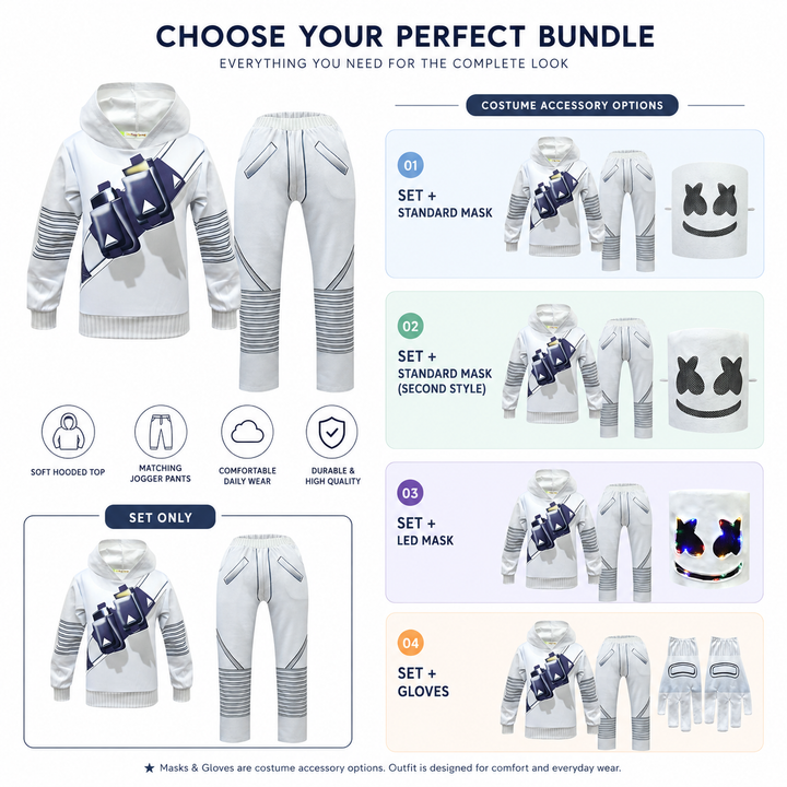 Marshmello DJ Costume Set with Hoodie Joggers and Mask for Kids