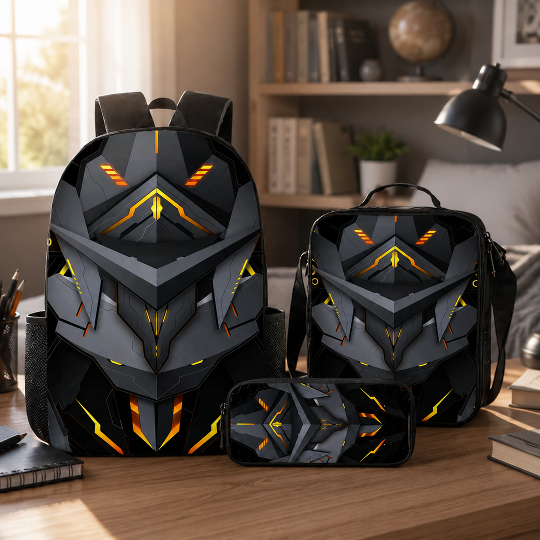 Mechanical Style 3D Print School Backpack 3Pcs Set Student Laptop Crossbody