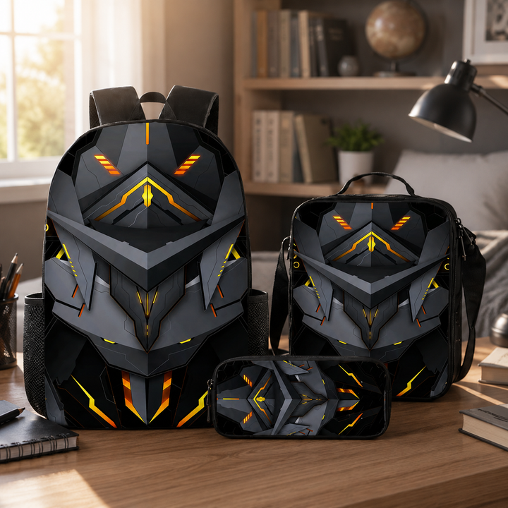 Mechanical Style 3D Print School Backpack 3Pcs Set Student Laptop Crossbody