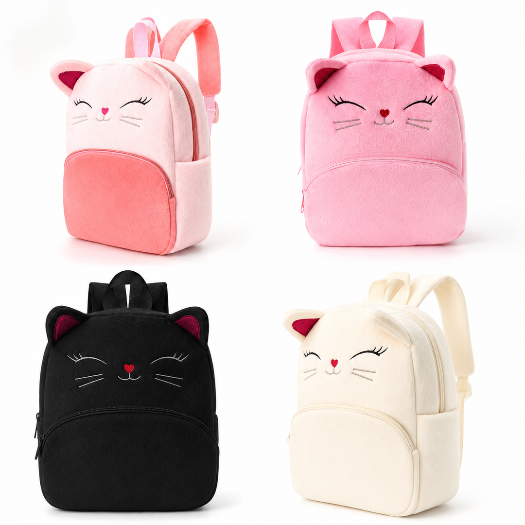 Girls Plush Cat Face School Backpack for Toddlers