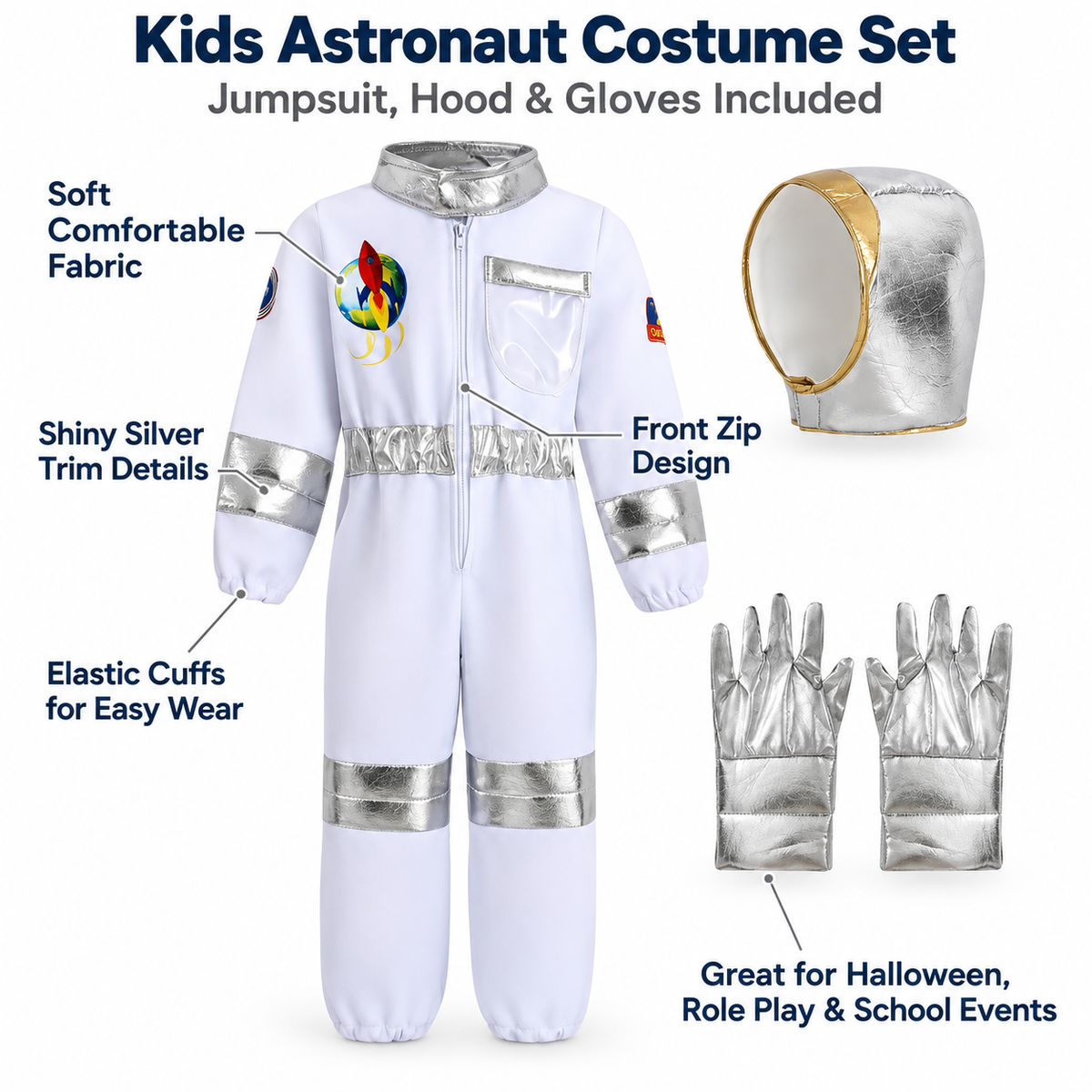 Kids Astronaut Costume White Space Suit with Gloves and Helmet