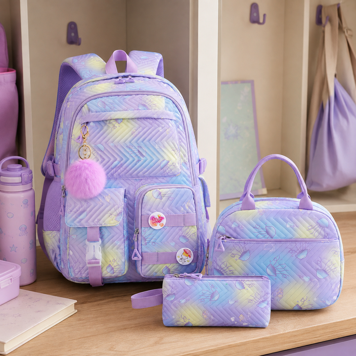 Girls School Backpack 3-Piece Set with Lunch Bag &amp; Pencil Case, Lightweight