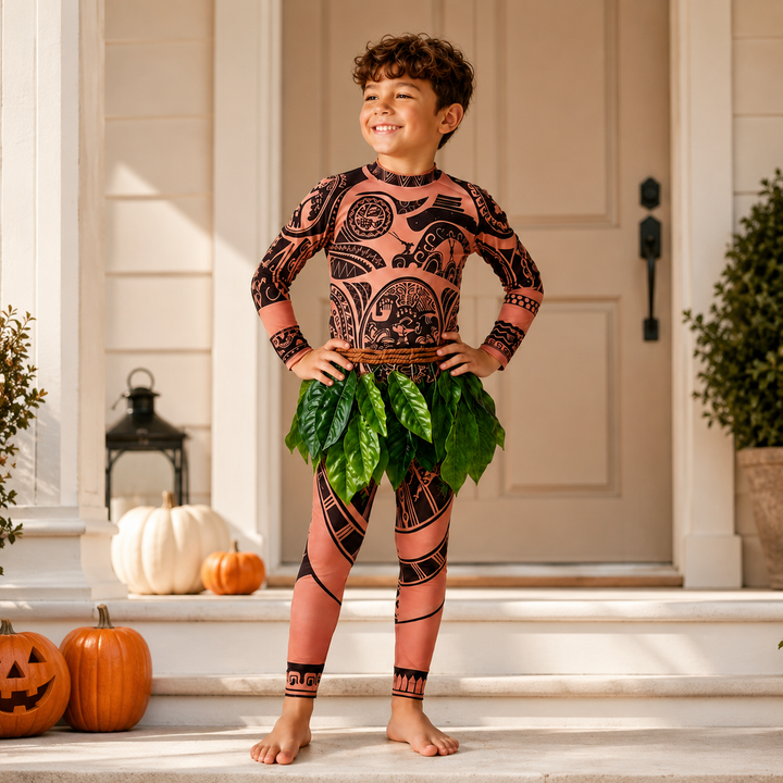 Moana Maui Costume with Tattoo Print and Leaf Skirt Halloween