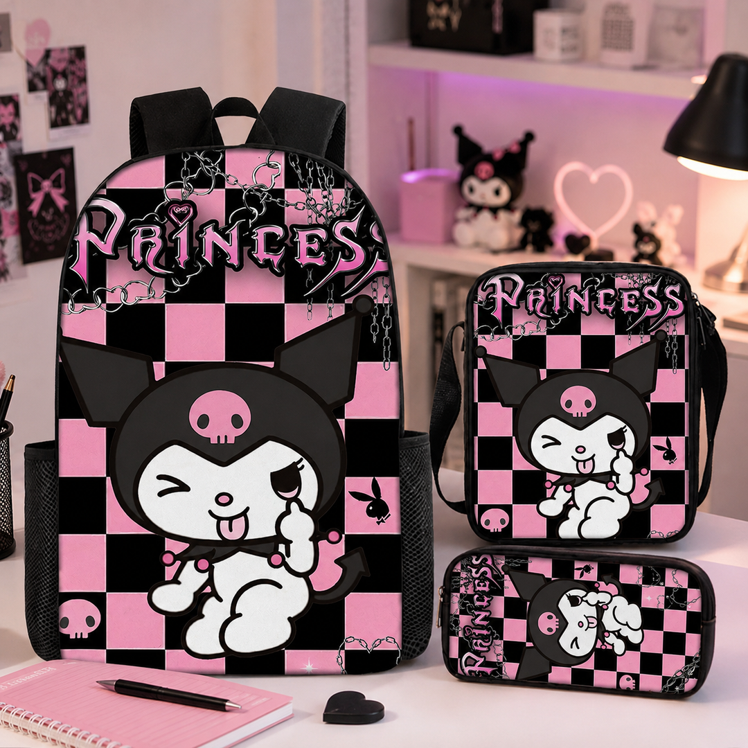 Kuromi Girls 3-Piece School Backpack Set with Shoulder Bag &amp; Pencil Case