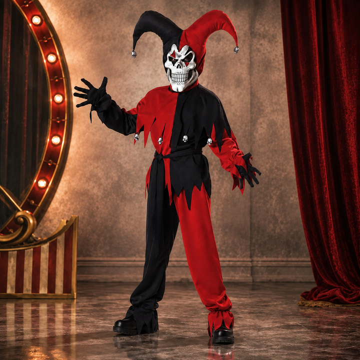 Court Jester Costume Harlequin Halloween Outfit with Skull Staff