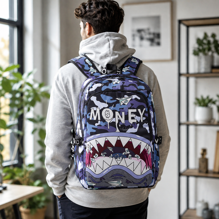 Money Shark Print School Backpack, Large Capacity Travel Bag