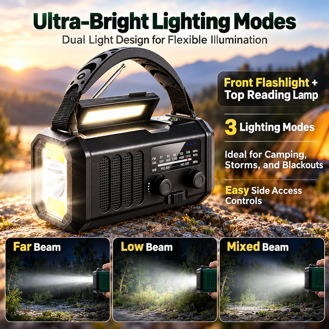 Wind Up Radio 10000mAh 135 Lumen Flashlight Reading Lamp NOAA Solar