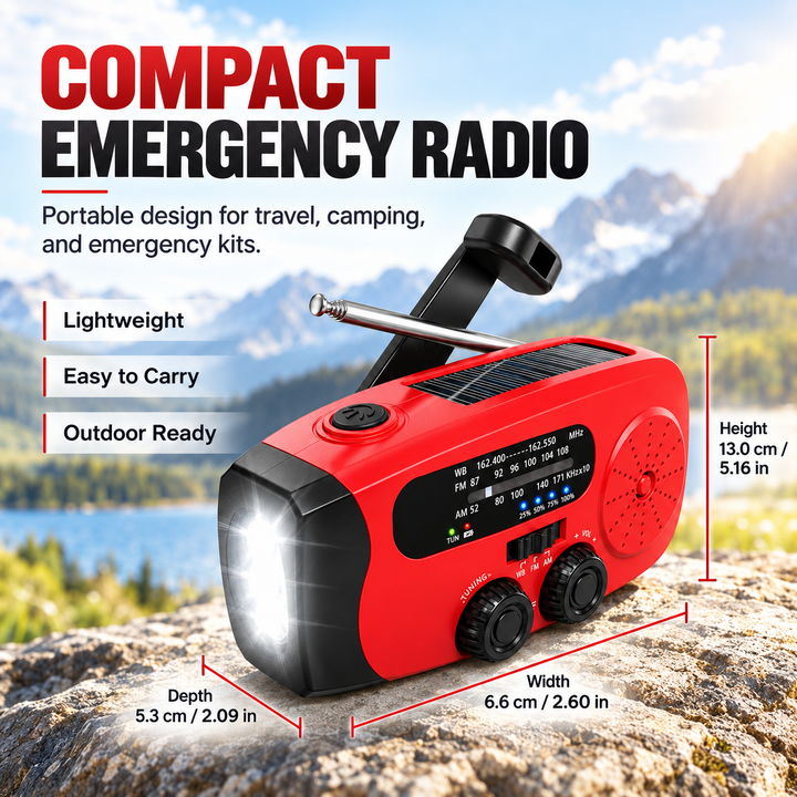 Mini Wind Up Radio NOAA AM FM USB C Solar 2000mAh Flashlight SOS