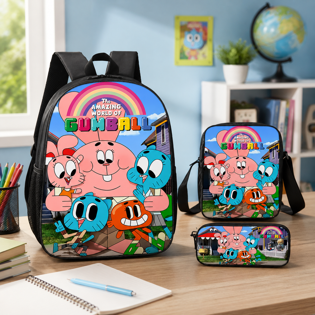 Amazing World of Gumball Kids School Backpack 3-Piece Set with Crossbody Bag &amp; Pencil Case