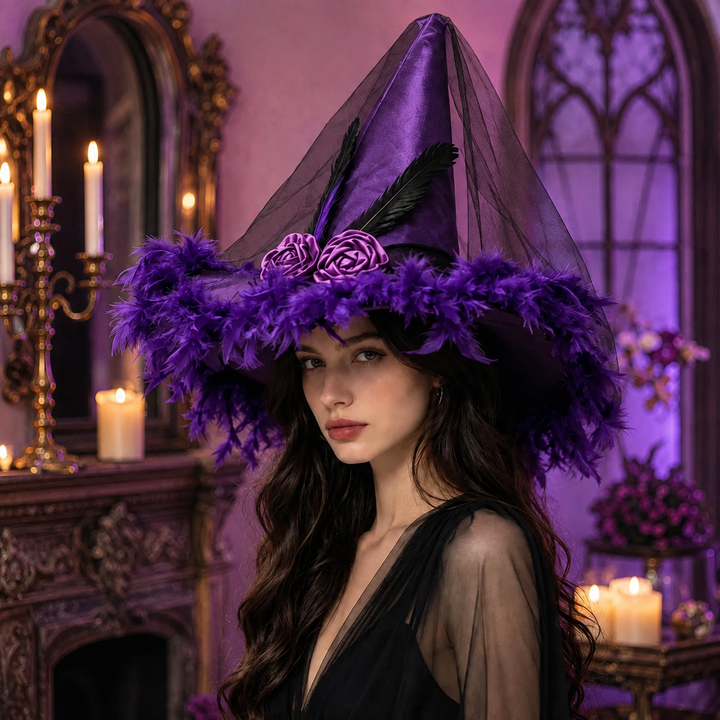 Feather Witch Hat Black and Purple Halloween Costume Accessory