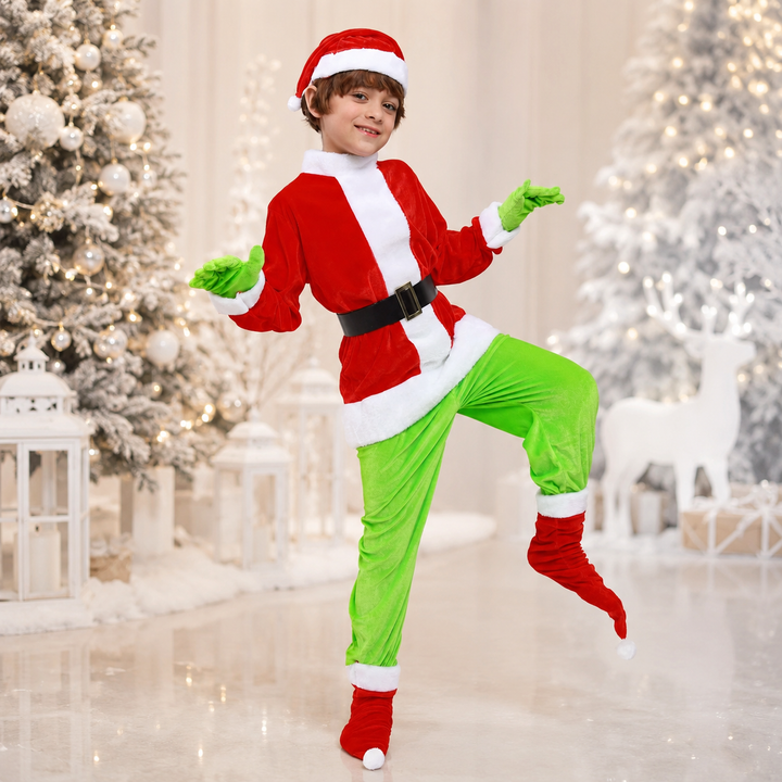 Grinch Costume for Kids – Green Gloves &amp; Red Santa Suit