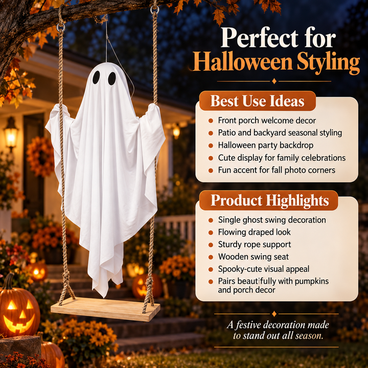 Halloween Ghost Swing Hanging Decoration Wooden Seat Porch Tree Decor