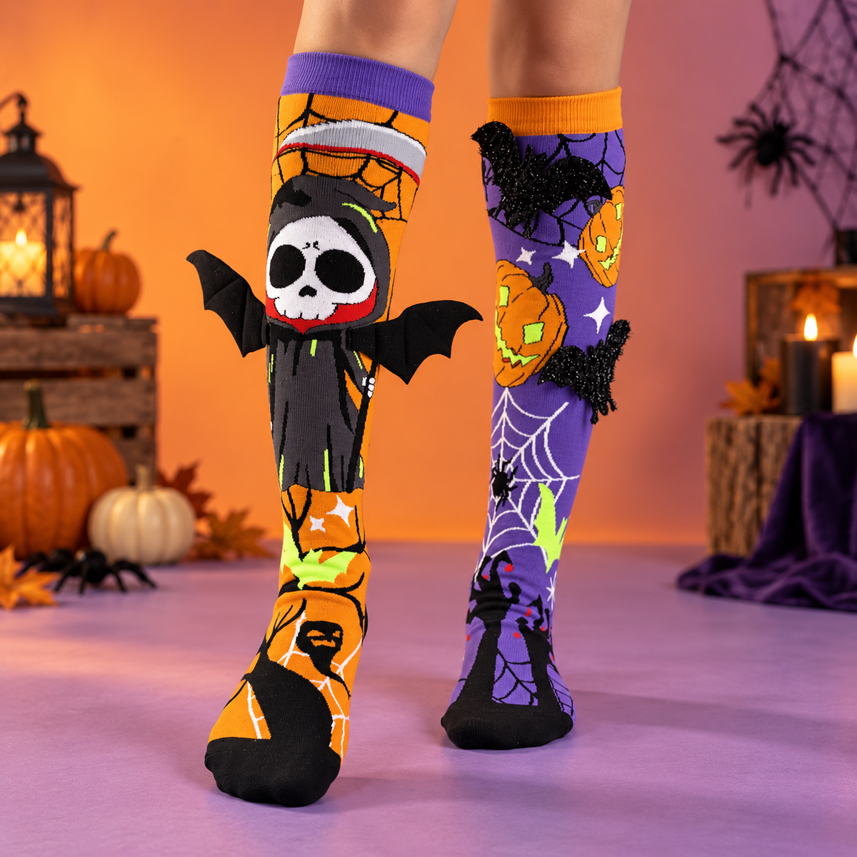 3D Bat and Pumpkin Halloween Socks Mismatched Pair Novelty Socks