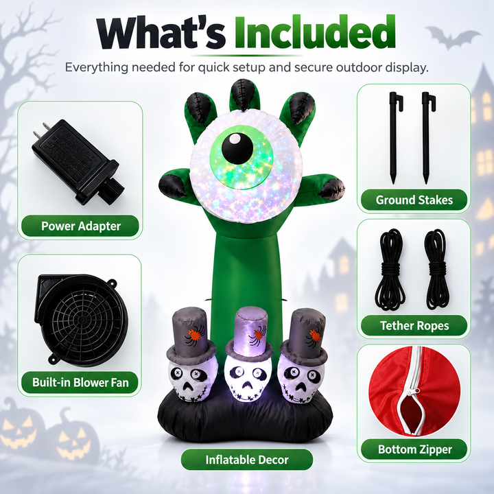 Halloween Inflatable Eyeball Monster Hand with Skulls LED Yard Decor