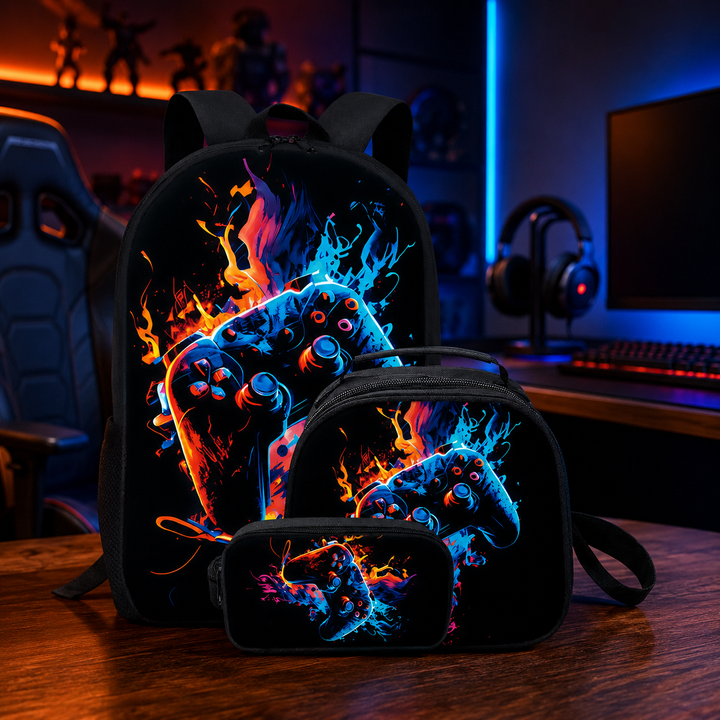 Gamer Unisex 3-Piece School Backpack Set with Crossbody Bag &amp; Pencil Case