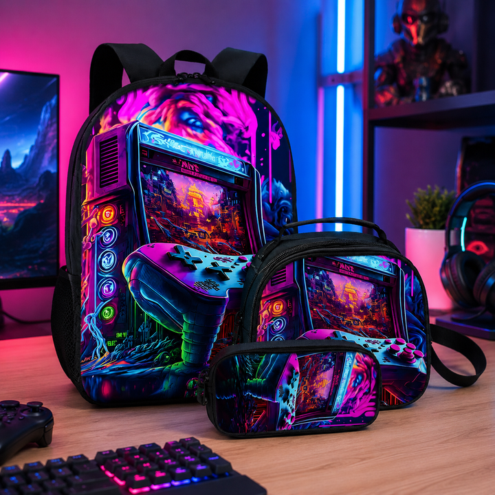 Game Pad 3D Print School Backpack 3Pcs Set Student Laptop Travel Crossbody