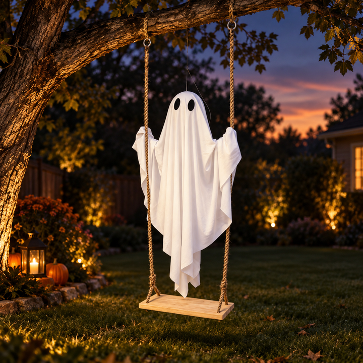 Halloween Ghost Swing Hanging Decoration Wooden Seat Porch Tree Decor