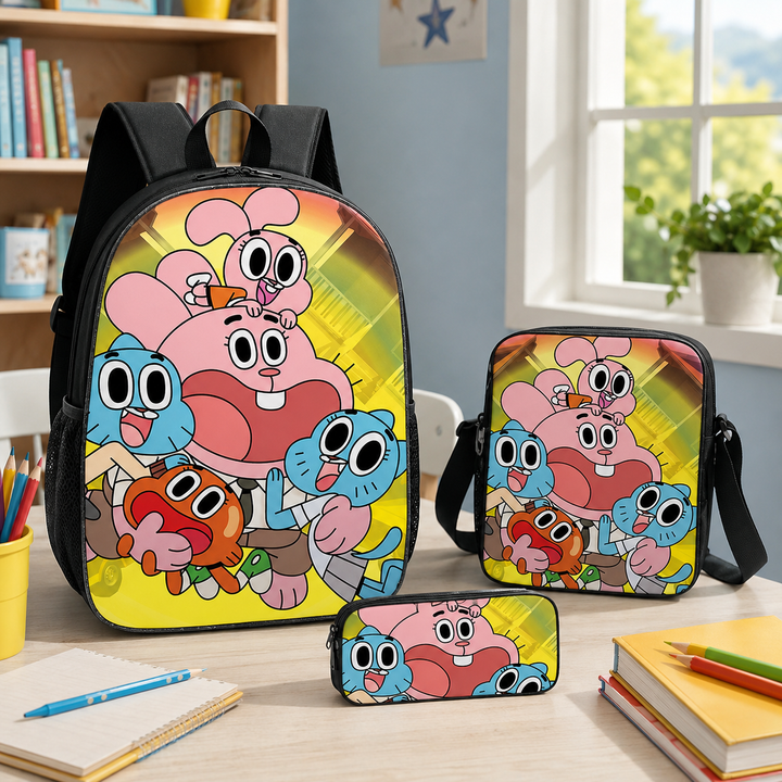 Amazing World of Gumball Kids School Backpack 3-Piece Set with Crossbody Bag &amp; Pencil Case