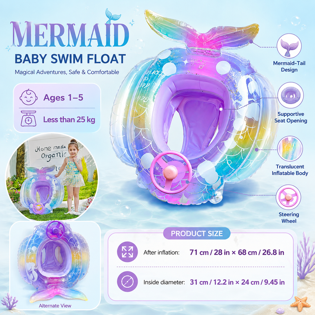 Toddler Mermaid Pool Float Baby Swim Ring Floaties Age 1-5 Summer