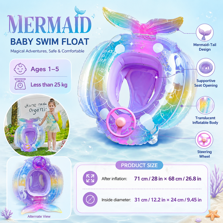 Toddler Mermaid Pool Float Baby Swim Ring Floaties Age 1-5 Summer