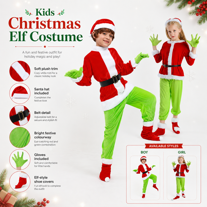 Grinch Costume for Kids – Green Gloves &amp; Red Santa Suit