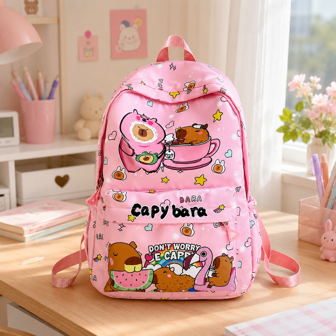 Kawaii Capybara School Backpack Large Capacity Nylon College Student Girls Cartoon