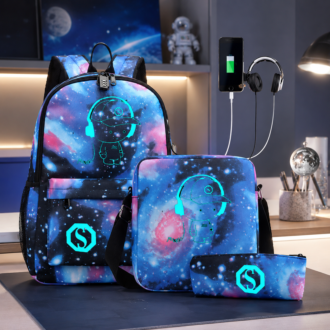 Glow in the Dark Music Boy 3-Piece School Backpack Set with Crossbody Bag and Pencil Case